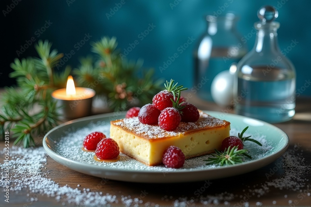 Festive dessert with raspberries and pine branch decor for holiday dining Festive dessert with raspberries and pine branch decor for holiday dining
