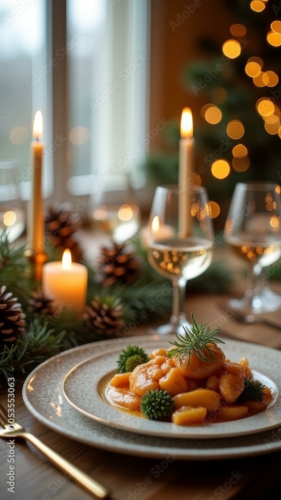 Festive holiday dining with candles and pinecones - perfect for christmas celebrations Festive holiday dining with candles and pinecones - perfect for christmas celebrations