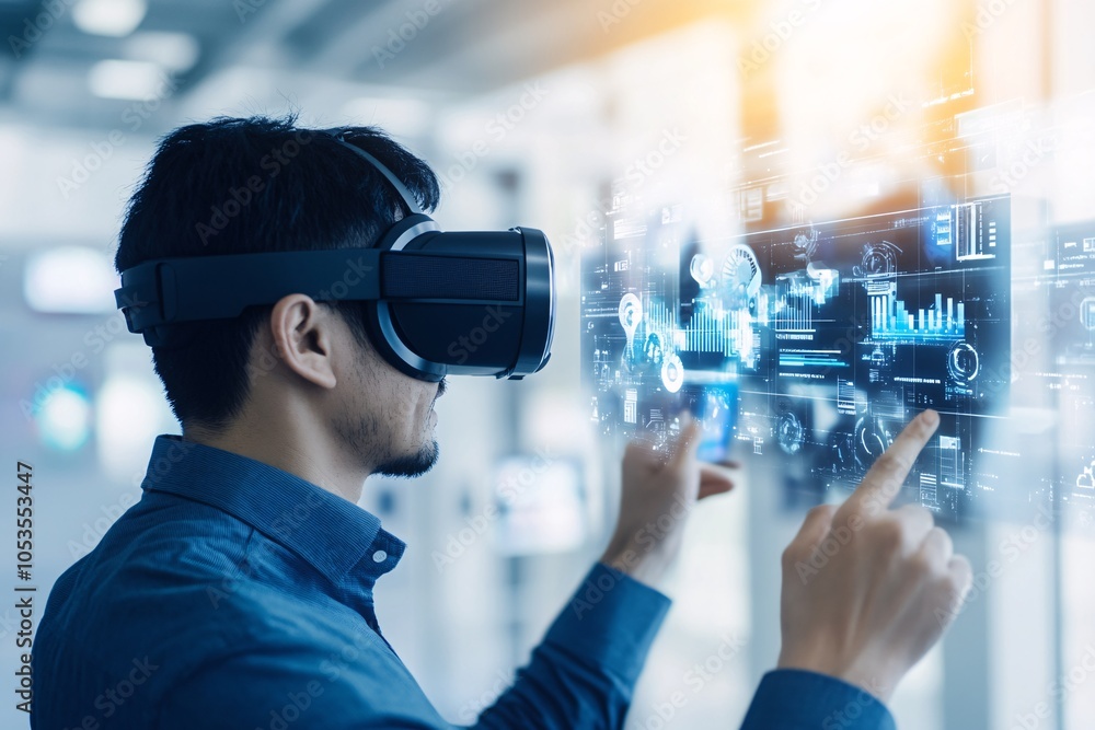 Man Experiencing Virtual Reality with Data Visualization Man Experiencing Virtual Reality with Data Visualization