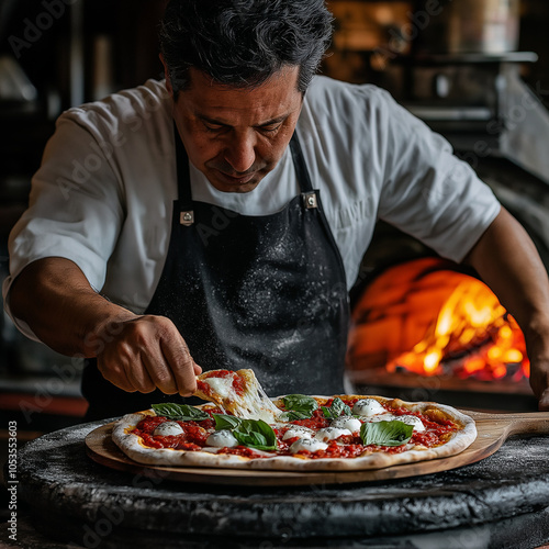 Italian chef pulling Margherita pizza from a wood-fired oven with melted cheese and fresh basil photo