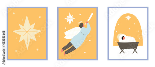 Christmas Christian Nativity scene of baby Jesus in a manger. Postcard in modern flat abstract style. Bethlehem city and Christmas star. Nursery religion illustration. Star as miraculous sign.	
