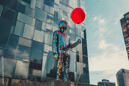 Colorful mosaic statue holding a red balloon in urban setting. Generative AI image