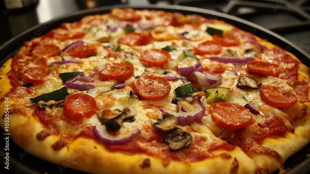 Delicious pizza topped with fresh vegetables, cheese, and tomatoes sitting on a black tray. Delicious pizza topped with fresh vegetables, cheese, and tomatoes sitting on a black tray.