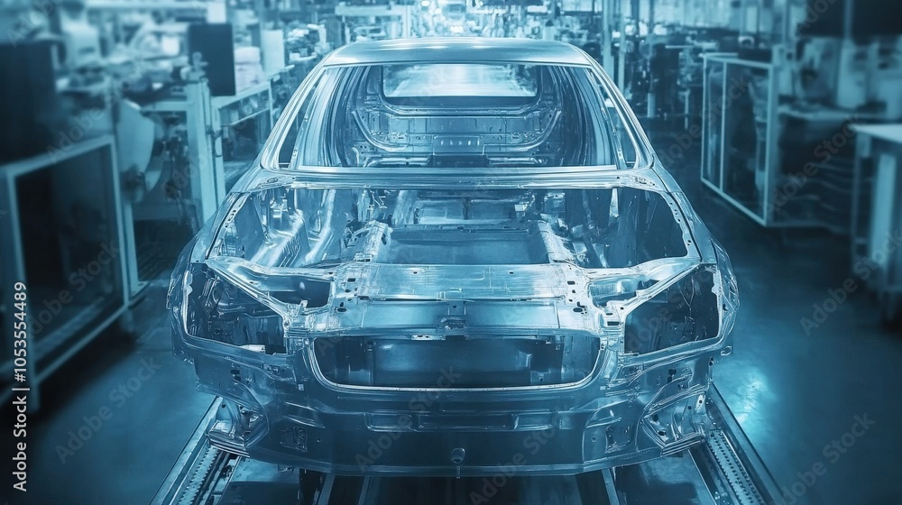 Modern automotive manufacturing facility interior showing automated robotic assembly line with cars in production featuring industrial machinery and skilled workers in high tech vehicle assembly plant Modern automotive manufacturing facility interior showing automated robotic assembly line with cars in production featuring industrial machinery and skilled workers in high tech vehicle assembly plant