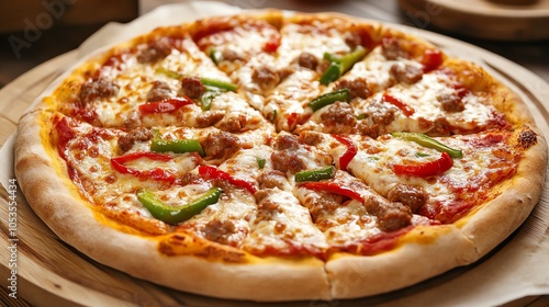 Delicious pizza topped with green peppers and red bell peppers on a wooden table.