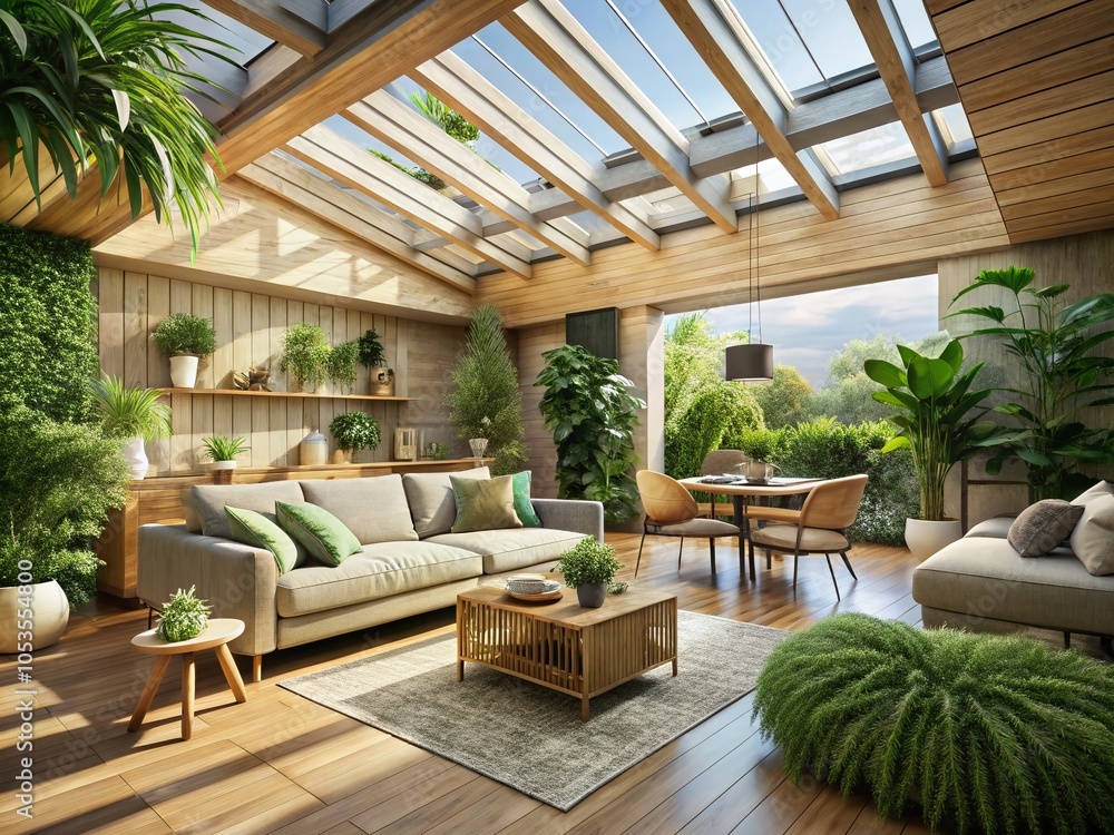 Eco-Friendly Open-Plan Living Space with Skylight and Lush Plants Eco-Friendly Open-Plan Living Space with Skylight and Lush Plants