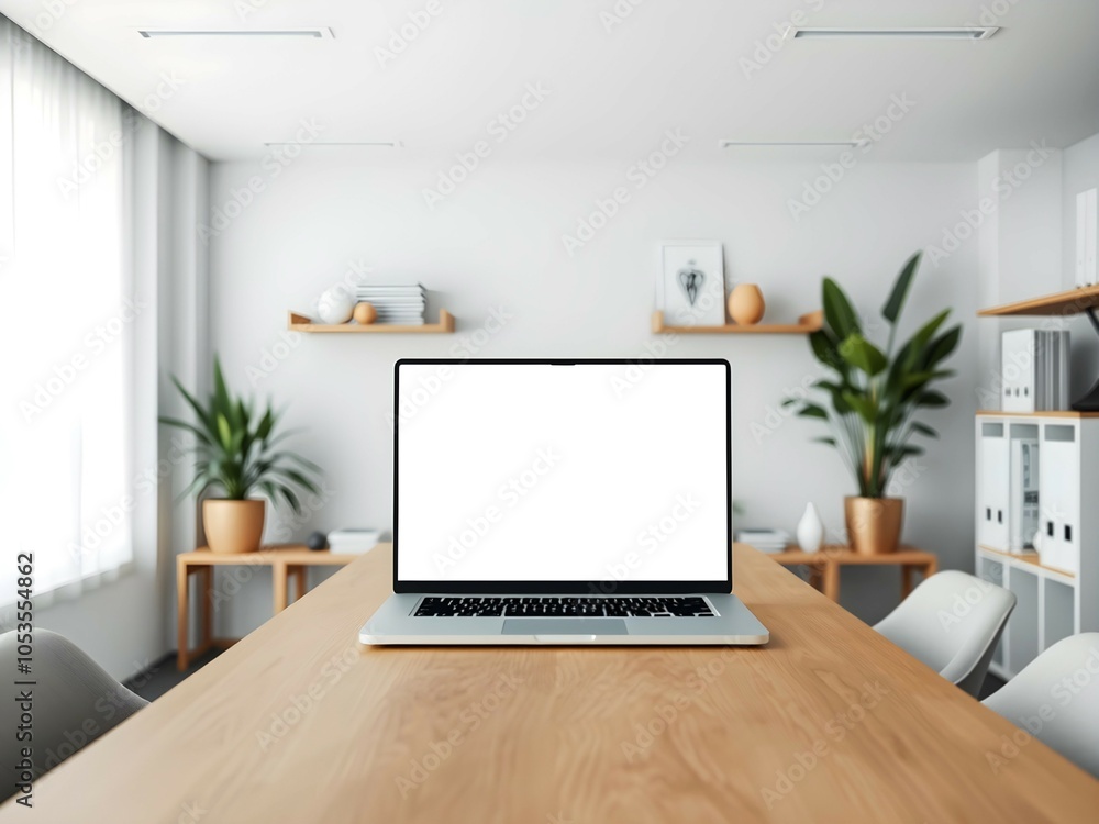 Front view mockup of laptop in modern interior workspace. Desktop screen with copyspace Front view mockup of laptop in modern interior workspace. Desktop screen with copyspace