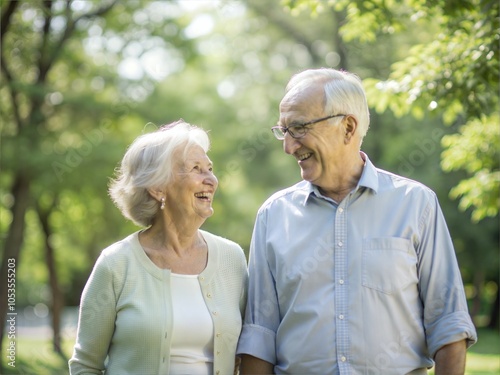 Happy Elderly Couple Smiling in a Sunlit Park – Senior Romance and Joyful Retirement Moments