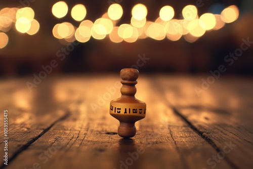 Hanukkah Dreidel Spinning: A dynamic shot of a dreidel spinning on a wooden surface, with the Hebrew letters clearly visible. The background features a soft bokeh effect from string lights, emphasizin photo