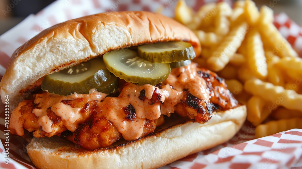 Delicious spicy chicken sandwich with pickles and a side of crispy fries on a tray. Delicious spicy chicken sandwich with pickles and a side of crispy fries on a tray.