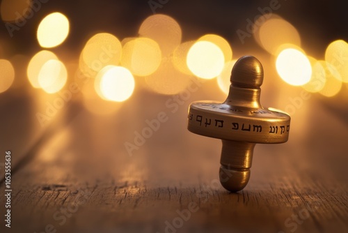 Hanukkah Dreidel Spinning: A dynamic shot of a dreidel spinning on a wooden surface, with the Hebrew letters clearly visible. The background features a soft bokeh effect from string lights, emphasizin photo