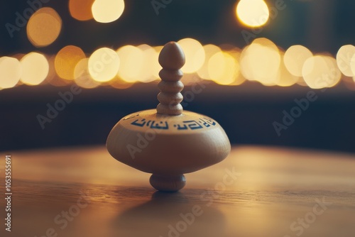 Hanukkah Dreidel Spinning: A dynamic shot of a dreidel spinning on a wooden surface, with the Hebrew letters clearly visible. The background features a soft bokeh effect from string lights, emphasizin photo