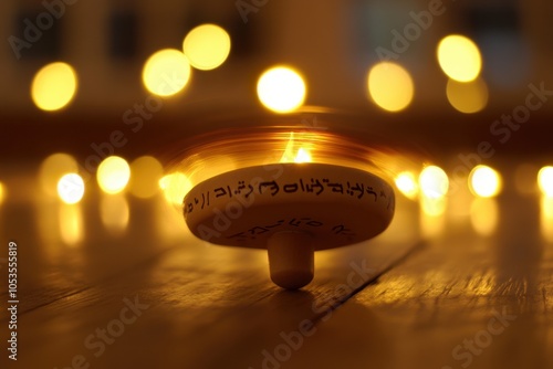 Hanukkah Dreidel Spinning: A dynamic shot of a dreidel spinning on a wooden surface, with the Hebrew letters clearly visible. The background features a soft bokeh effect from string lights, emphasizin photo