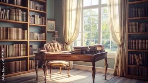 A vintage-inspired home office with a wooden desk