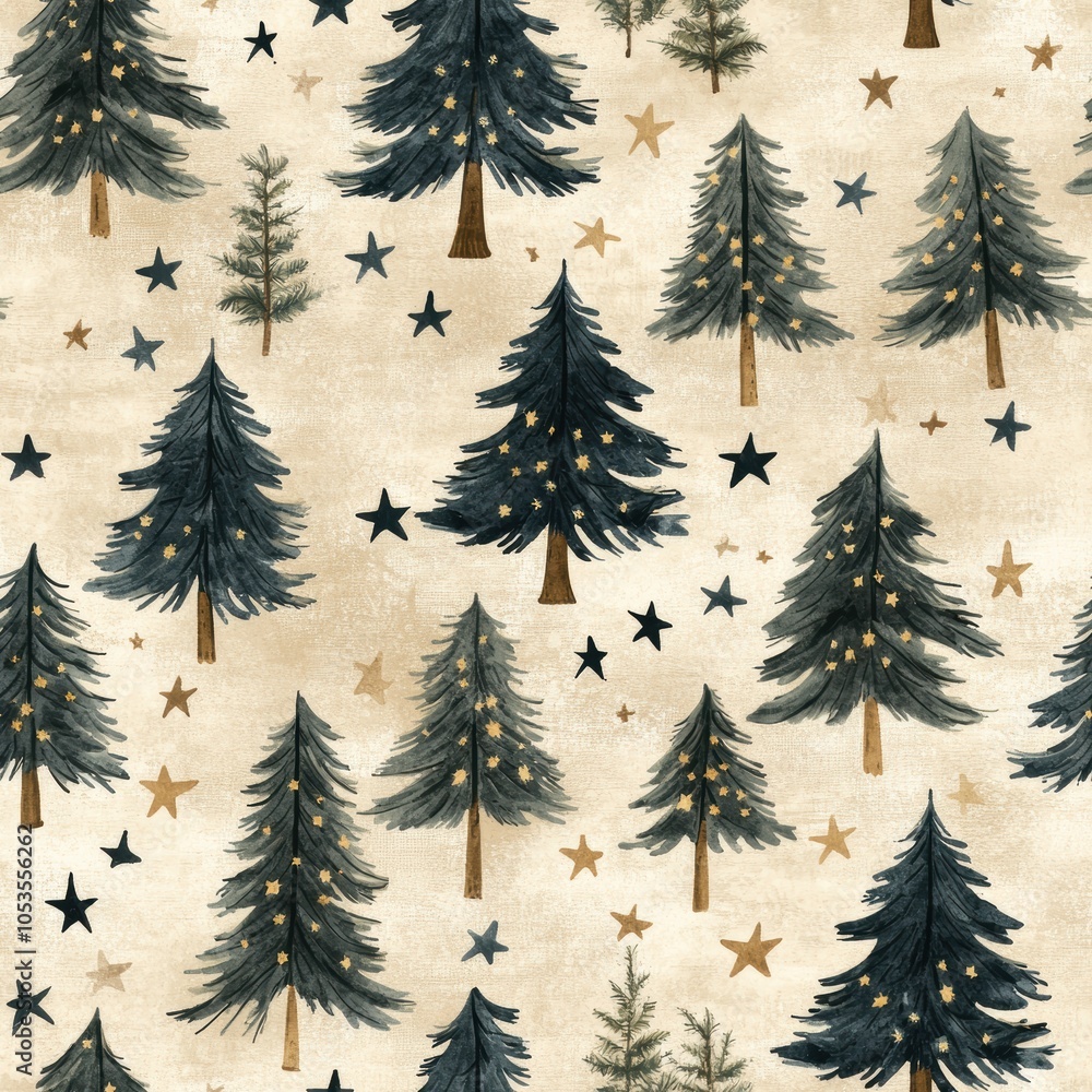 Obraz premium A whimsical pattern featuring various evergreen trees and stars on a neutral background, perfect for holiday-themed projects. Seamless pattern.