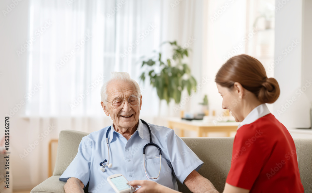 The measuring blood sugar levels in elderly people in a nursing home with an elderly man holding a glucose monitor The measuring blood sugar levels in elderly people in a nursing home with an elderly man holding a glucose monitor