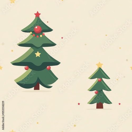 Two stylized Christmas trees with festive decorations on a light background, showcasing holiday cheer and celebration. Seamless pattern.