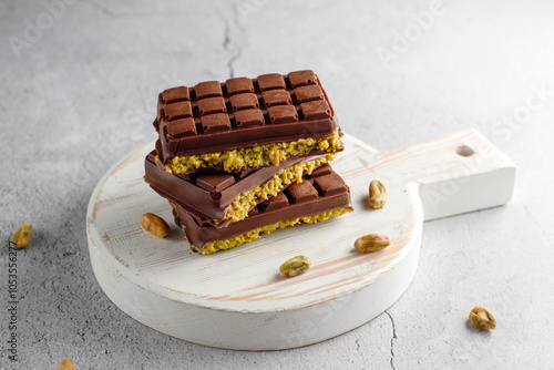Homemade Dubai chocolate bar with pistachio paste and kadaifi dough.