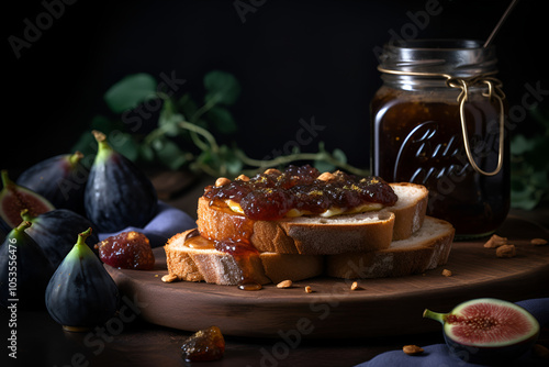 Toast with fig jam and fresh figs on a wooden board photo