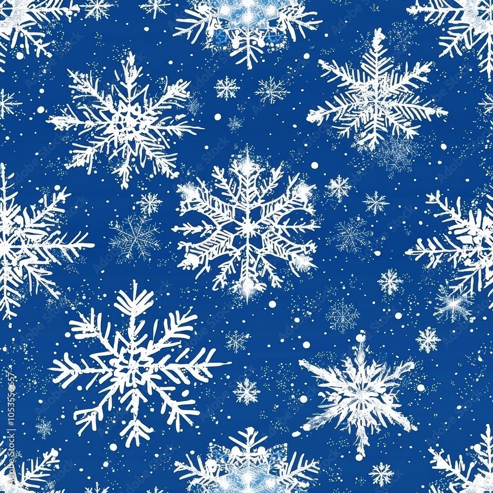 A vibrant blue background features various white snowflakes, creating a wintry pattern ideal for seasonal decor or holiday themes. Seamless pattern. A vibrant blue background features various white snowflakes, creating a wintry pattern ideal for seasonal decor or holiday themes. Seamless pattern.