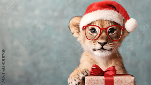 A cute lion cub wearing a Santa hat and glasses, holding a gift box, perfect for holiday-themed designs. Adorable and festive portrayal of wildlife.