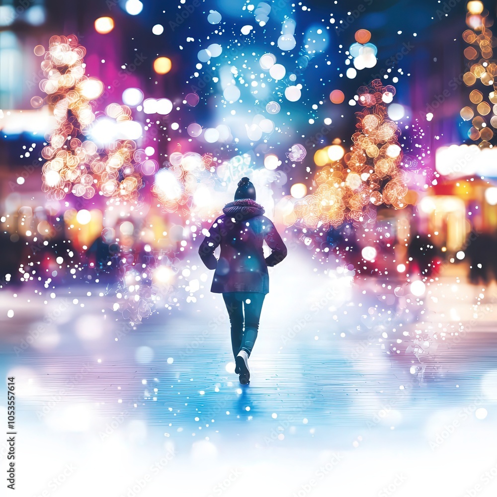 Obraz premium A Serene Winter Evening A Solitary Figure Amidst Festive Lights and Snowfall