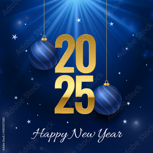 Happy New year 2025 and ball decoration illustration on blue with golden congrats