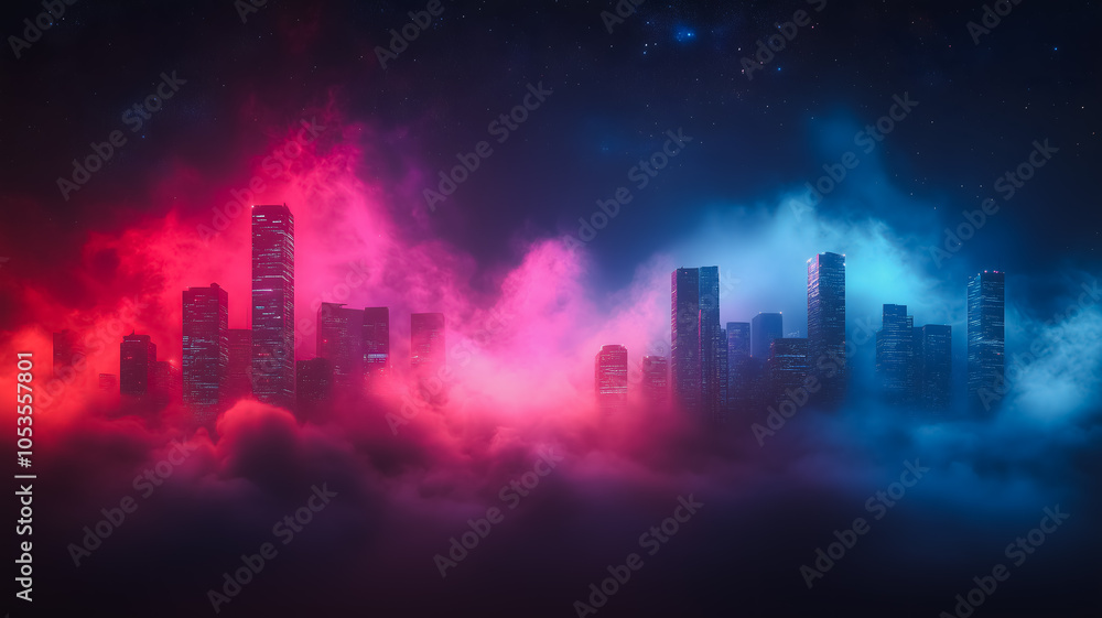 Fototapeta premium A city skyline is shown in a purple and red color scheme. The sky is filled with smoke and the buildings are lit up. Scene is mysterious and surreal