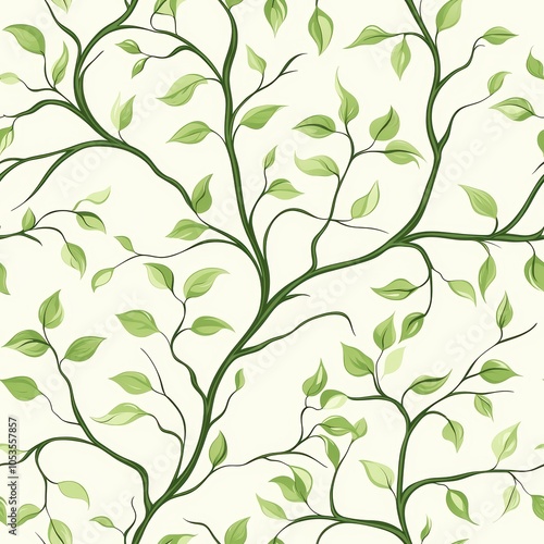 A delicate pattern of intertwining branches and green leaves on a light background, conveying a natural, organic aesthetic. Seamless pattern.