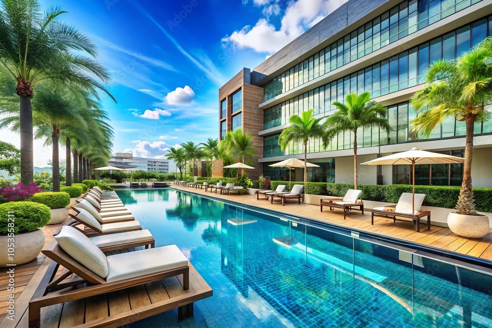 Fototapeta premium Luxury Hotel Pool with Ample Copy Space on the Left