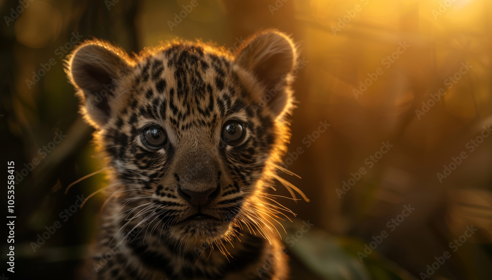 Naklejka premium Captivating image of a young jaguar cub in a lush jungle setting. Generative AI image
