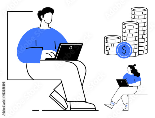 Two individuals using laptops while sitting, accompanied by stacked coins and a dollar symbol. Ideal for finance, remote work, productivity, online business, entrepreneurship, financial planning