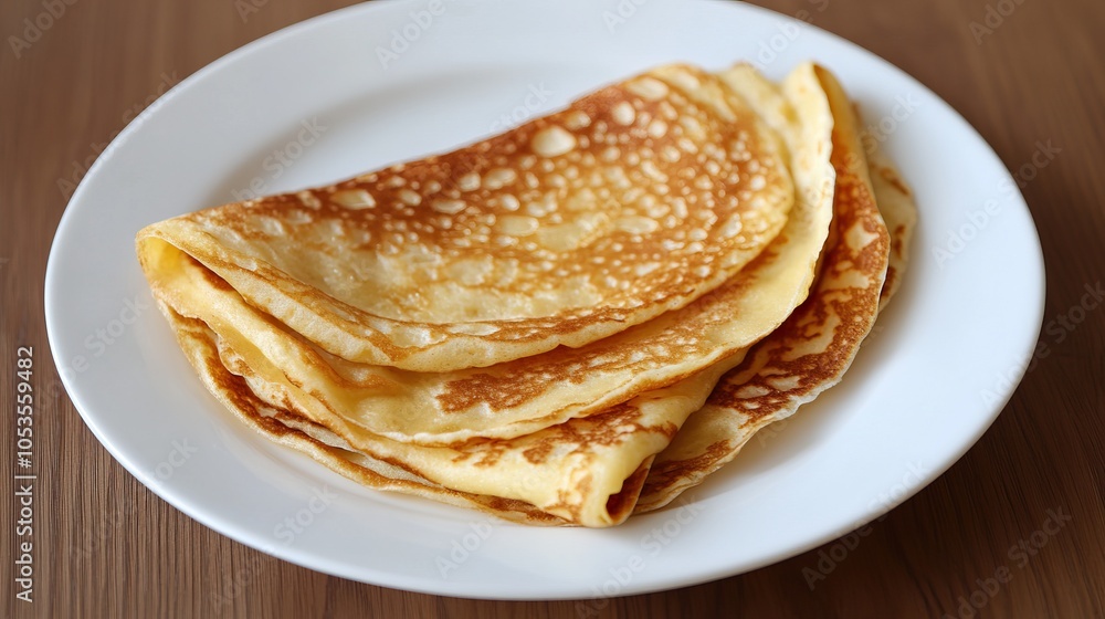 A plate holds several golden-brown crepes, stacked neatly, showcasing a delicious and fluffy texture, ready to be enjoyed. A plate holds several golden-brown crepes, stacked neatly, showcasing a delicious and fluffy texture, ready to be enjoyed.