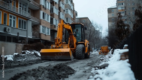 wheeled tractor with mounted bucket. Bulldozer on a construction site. Heavy construction equipment. Industrial machine