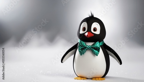Cute Cartoon Penguin with Festive Bow Tie on Snowy Silver Background.