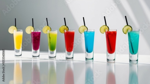 There are different colored drinks in a row with straws on glasses and limes at the top and bottom of the glass. photo