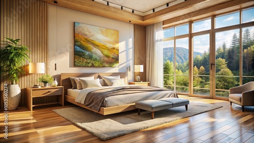 "Modern Luxury Master Bedroom with Natural Light and Artistic Accents"