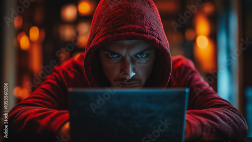 A man in a red hoodie is looking at a laptop computer. Concept of mystery and intrigue, as the man's gaze is focused on the screen. The red hoodie adds to the overall mood of the scene photo