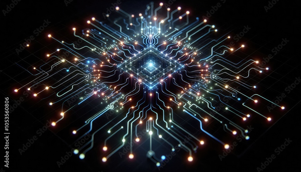 Digital Deep Learning Circuits - Glowing Neural Network and Data Flow Representation, Futuristic AI Concept, No People, Neon Lights Illustration Digital Deep Learning Circuits - Glowing Neural Network and Data Flow Representation, Futuristic AI Concept, No People, Neon Lights Illustration