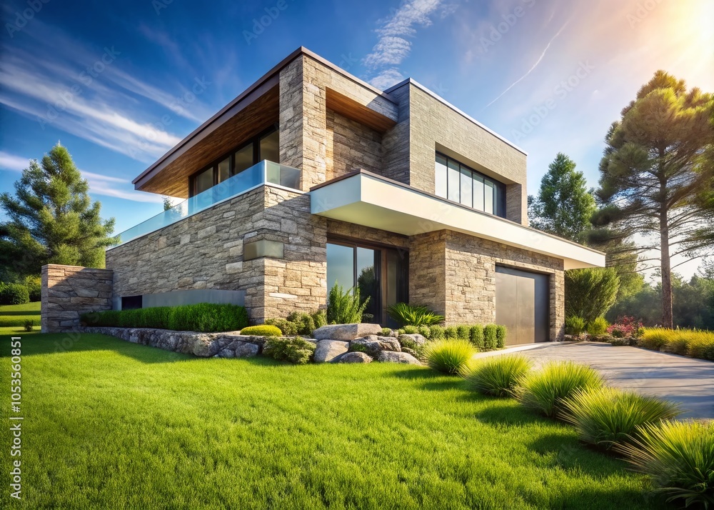 Modern Stone Façade Home with Clear Depth of Field Modern Stone Façade Home with Clear Depth of Field