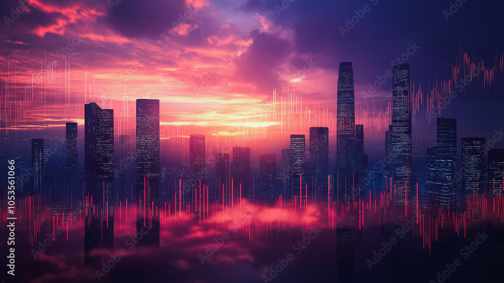 A city skyline with a red and purple sky. The city is lit up at night A city skyline with a red and purple sky. The city is lit up at night