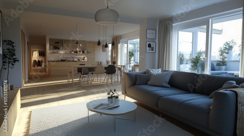 Modern Open-Plan Living Room and Kitchen with Cozy Sofa and Dining Area  Scandinavian Interior Design with Natural Light  Inviting Space for Contemporary Home Decor Inspiration
