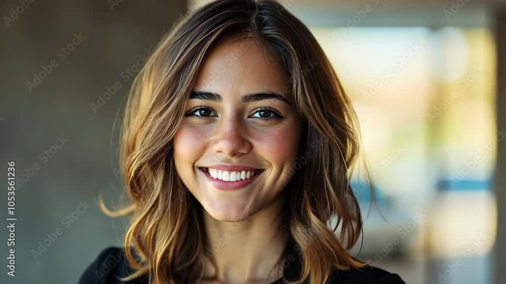 A young woman with long brown hair smiles at the camera A young woman with long brown hair smiles at the camera
