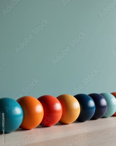 Row of colorful wooden spheres on teal background. photo