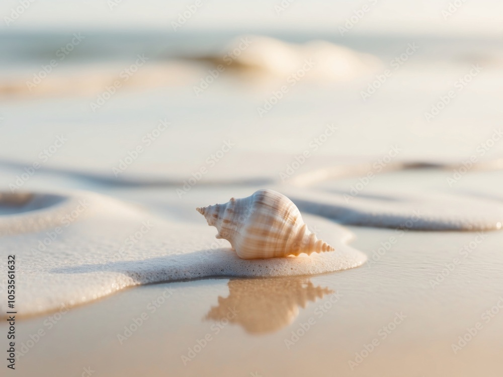 Seashell Partially Submerged in Foamy Ocean Water on Sandy Beach. Seashell Partially Submerged in Foamy Ocean Water on Sandy Beach.