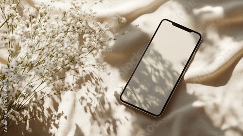 Modern smartphone with blank screen casting delicate floral shadows, placed beside white baby's breath flowers on soft beige fabric, creating a serene and elegant composition. photo