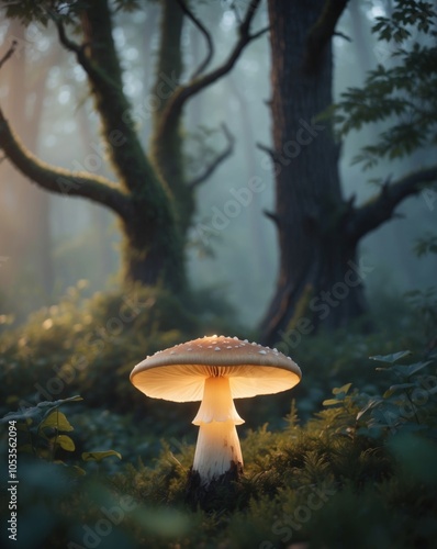 Enchanted Mushroom in Mystical Forest Setting. photo