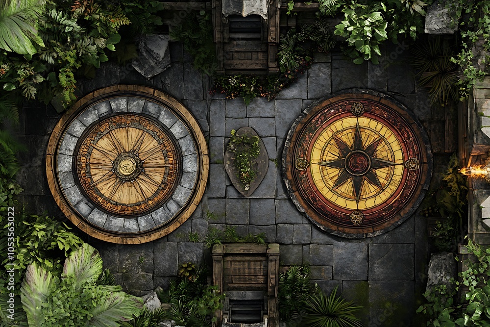 Fototapeta premium Top-Down View of Two Compass-Like Symbols with Stone Wall and Greenery