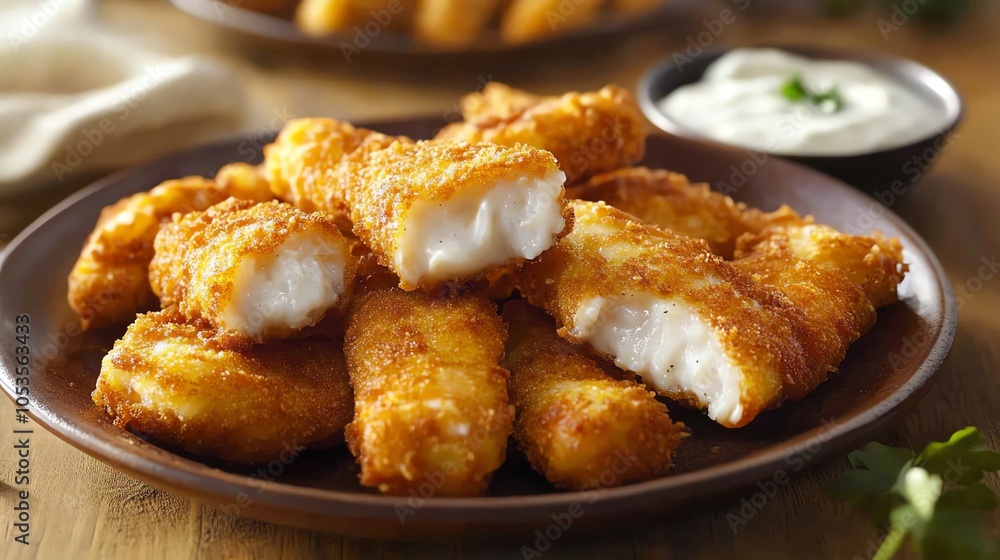 Golden fried fish sticks arranged on a plate with a bowl of dipping sauce. Golden fried fish sticks arranged on a plate with a bowl of dipping sauce.