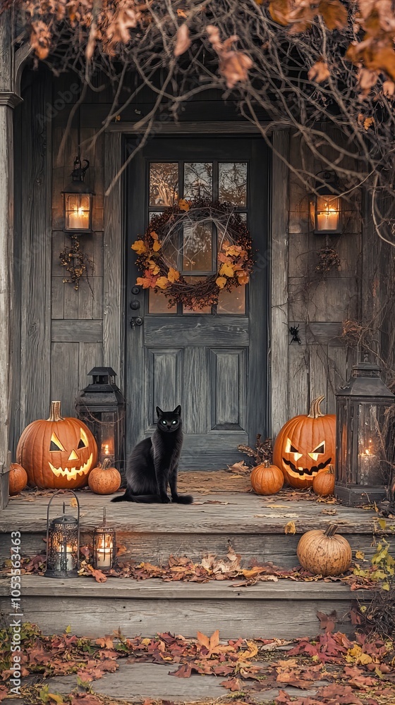 Obraz premium Cozy Autumn Cottage Entrance: Embrace the Warmth of Fall with Rustic Charm and Holiday Glow